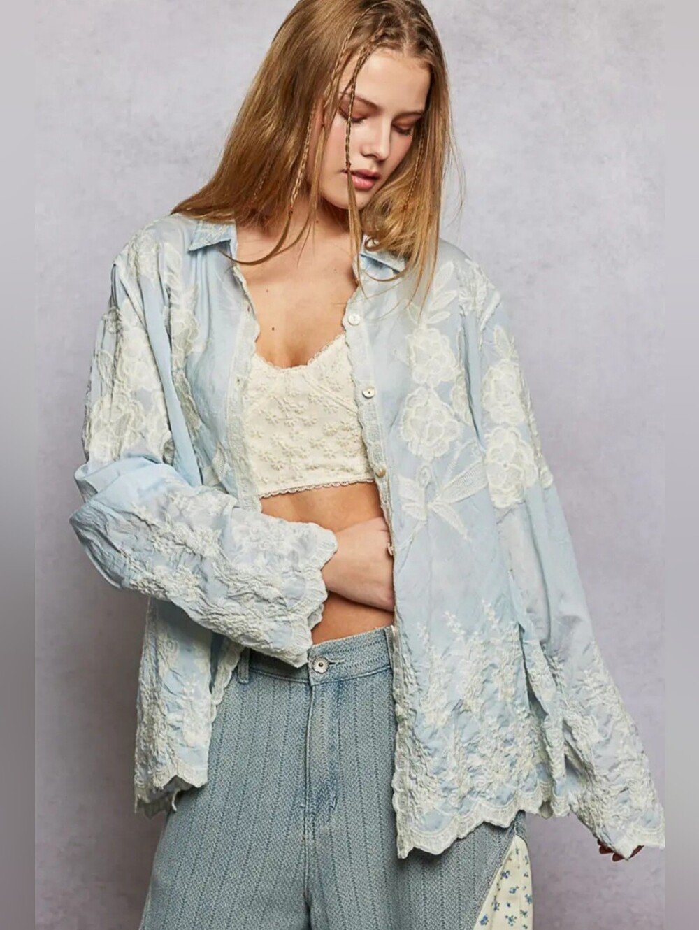 POL Long Sleeve Embroidered Scalloped Edge Shirt Top